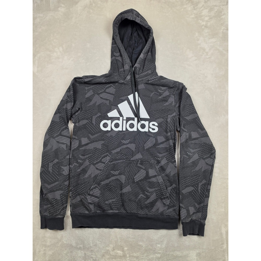 Adidas Hoodie Mens Small Black Grey Graphic Logo Pullover Sweatshirt *Read